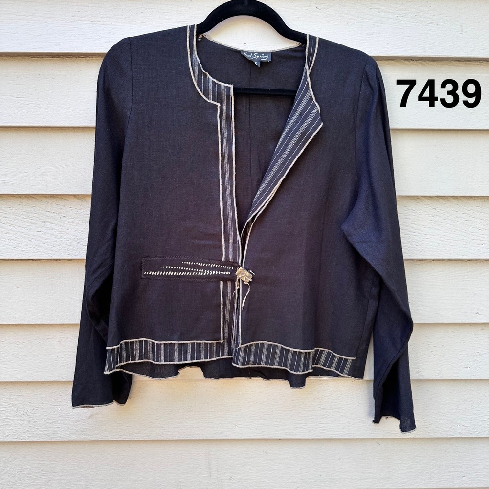 K.D. Spring Womens Linen Blend Artisan Jacket Black Pinstripe Trim Small USA